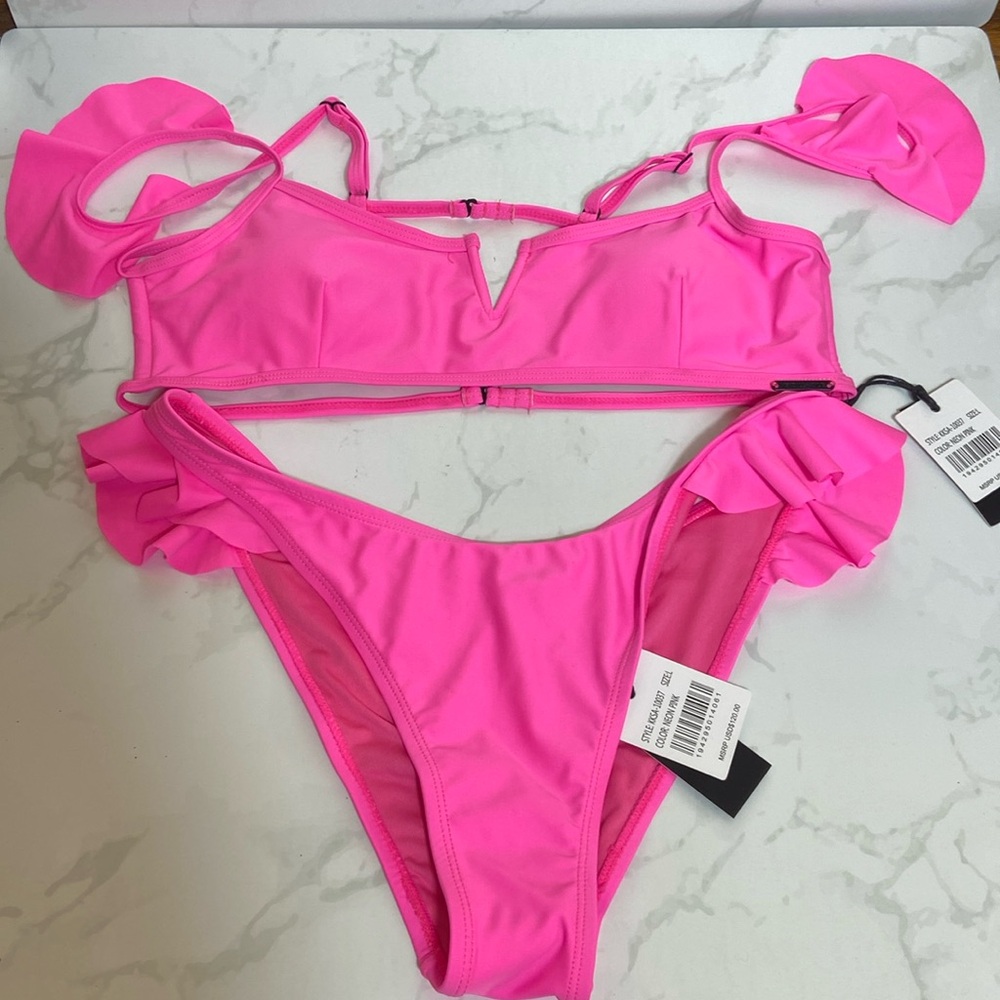 New Hot Pink Neon Kendall + Kylie Wired V Ruffled Strap Bikini Set Top Bottom